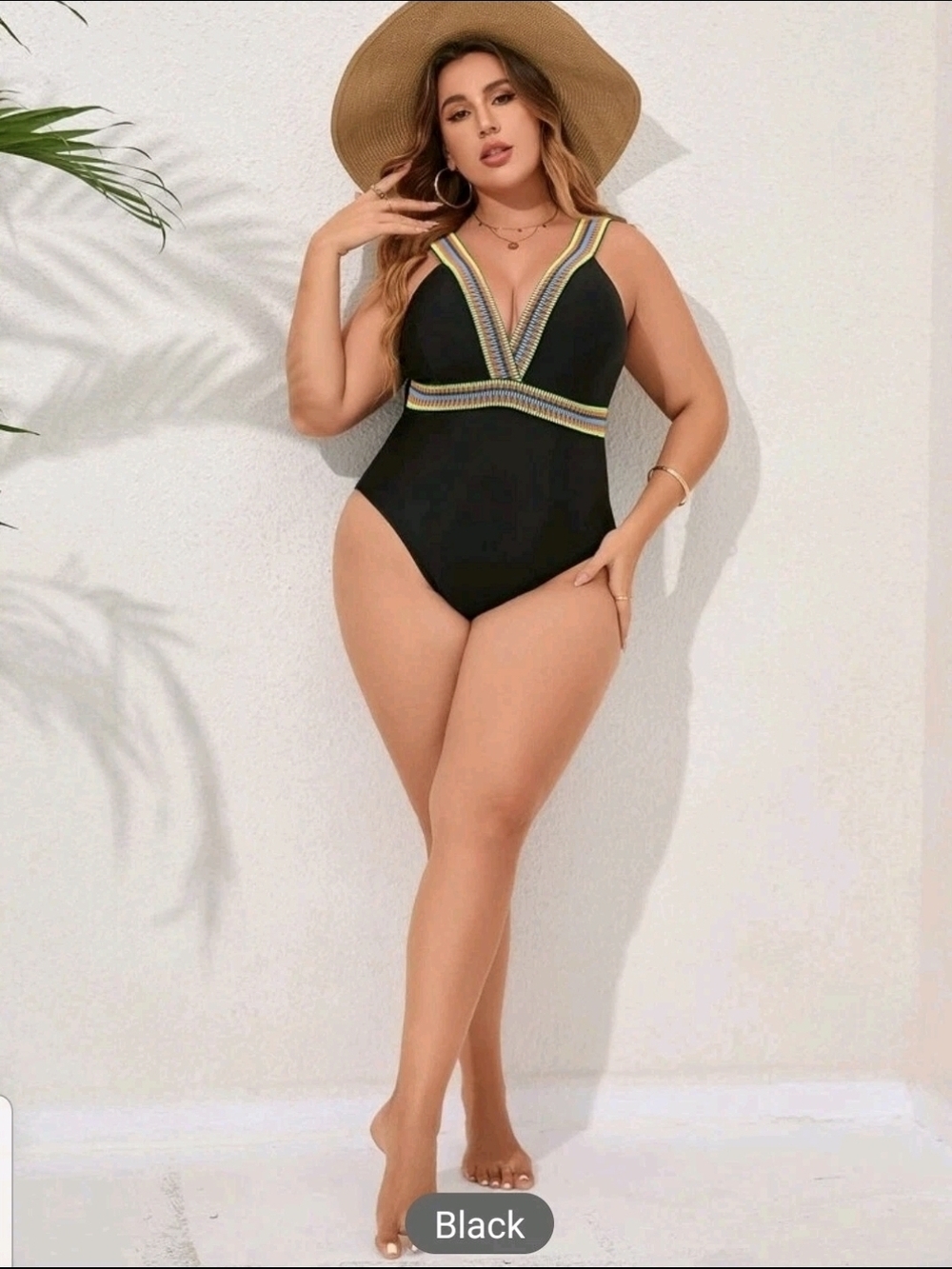 Shein Curve Black One-Piece Swimsuit with Colorful Striped Trim - Picture 4 of 11